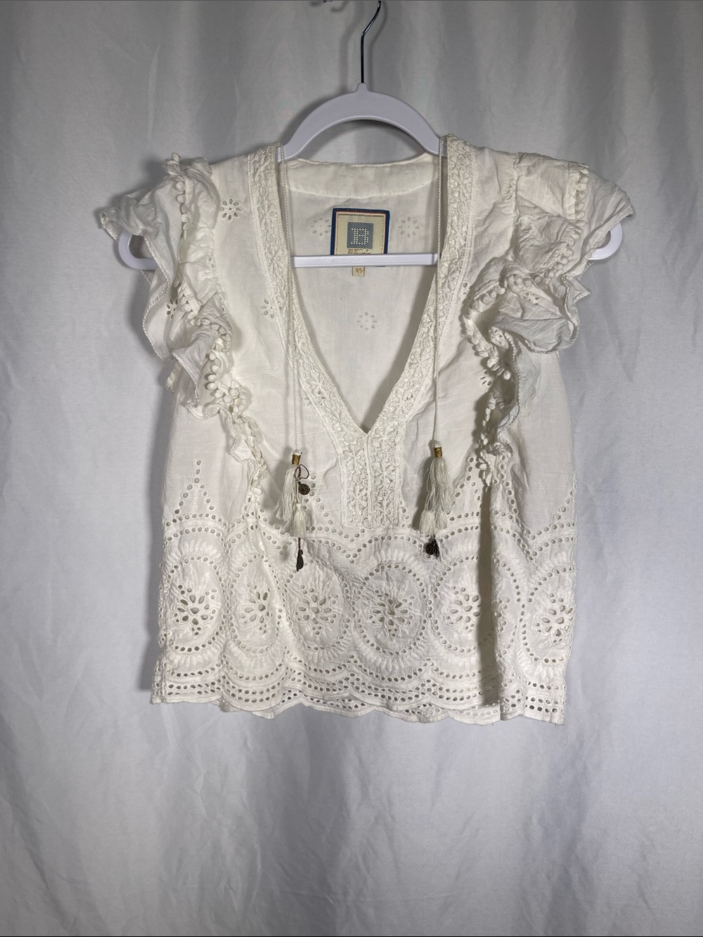 BELL BY ALICIA BELL WOMENS WHITE RUFFLE EYELET BLOUSE XS